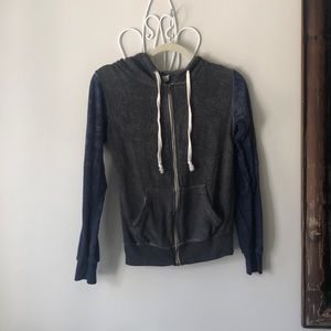 Hooded zip up sweatshirt. Blue and gray
